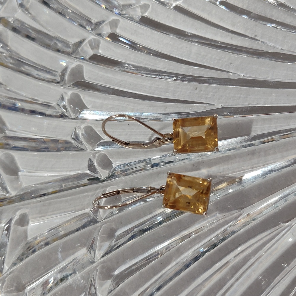14k White Gold Emerald Cut Citrine Leverback Earrings